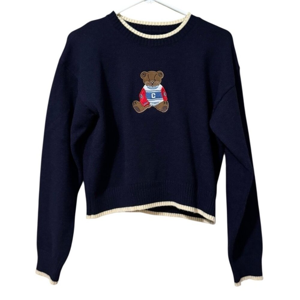 Cider Women Size Medium Embroidered Teddy Bear Sweater Long Sleeve Knit Preppy